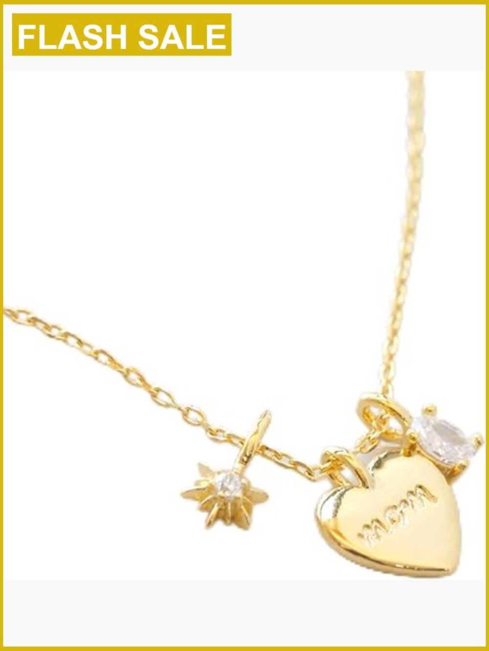 Engraved MOM Heart Necklace with CZ, 14k Gold Plated, 16+2 Inch Chain
